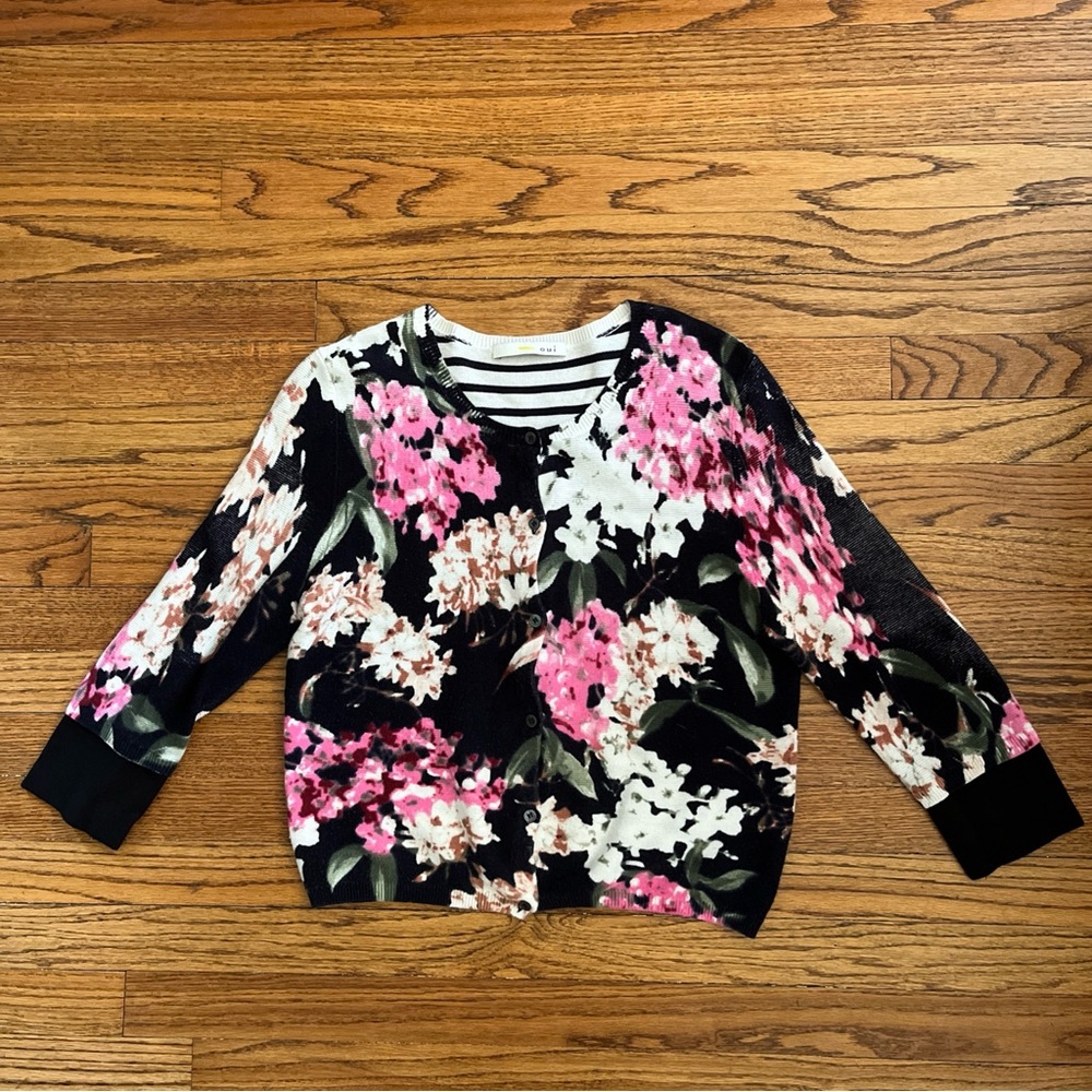 OUI Women's Floral Print- Stripe 100% Cotton Cardigan Multi Color Sz. 6 Spring